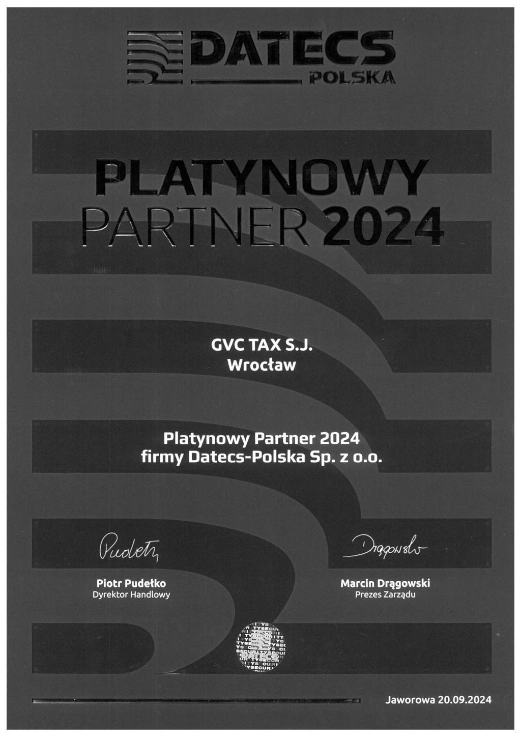 Platynowy Partner DATECS za rok 2024